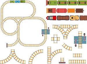 Parallel Prints: Top view railways. Tracks construction with toy trains above
