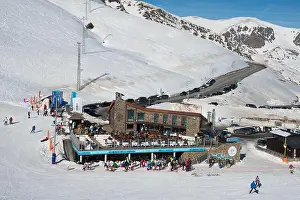 Slopes Prints: A view down towards a restaurant and bar named Costa Rodona on the mountain in Pas de las Casa