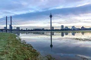 Road Bridge Prints: View of the Rheinkniebrücke over the Rhine near Düsseldorf
