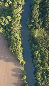 Land Day Prints: Top view of the river with turns of meanders and green forests in bright sunlight