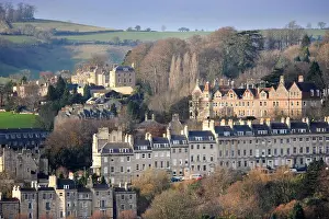 Somerset Prints: View across the rooftops to Camden Crescent in Bath Somerset UK