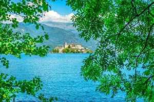 Green Foliage Prints: View of San Giulio Island on Lake Orta