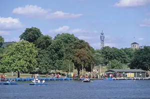 Royal Park Prints: View over the Serpentine Lake towards the boating area with Telecom Tower behind