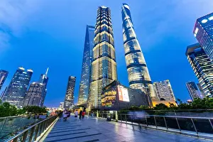 Tourism Industry Prints: View of Shanghai Tower, Shanghai World Financial Center and Jinmao Tower in the evening Lujiazui