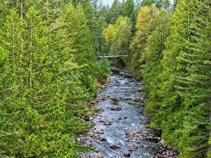 A view of the Snoqualmie River from a drone in North Bend, Washington