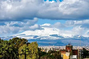 Sicilia Prints: View of snow-capped Mount Etna from Giardino Bellini park in Catania, Sicily, Italy
