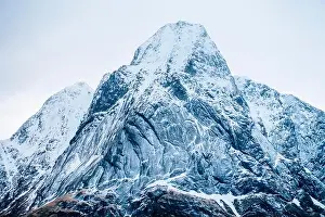 Nordland Prints: Detail view of snow capped mountain, Reine, Lofoten, Norway