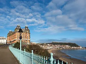 Sands Prints: View across South Bay towards Castle Hill from the Spa Bridge and Grand Hotel in Scarborough North Yorkshire England