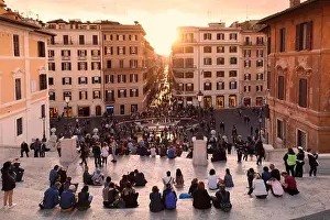 Sunburst Prints: View from Spanish Steps, at sunset, Piazza di Spagna, Rome, Lazio, Italy, Europe