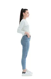 White Hair Prints: side view. stylish young woman in jeans and white blouse