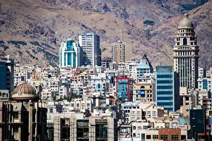 Middle Eastern Prints: A view of Tehran, Iran, against the Alborz Mountains