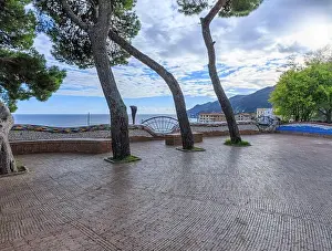 Banister Prints: View of the town of Vietri sul Mare in Italy: glimpse of municipal villa decorated with typical polychrome majolica