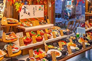 Asakusa Prints: View of traditional Japanese dishes on display in shop window
