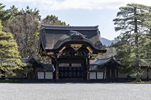 Kyoto Prints: View of the traditional Kenreimon Gate with its ornate thatched roof