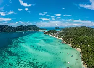 Phi Phi Island Prints: Top view of tropical island with limestone rocks and blue clear water