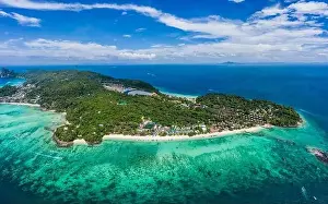 Phi Phi Island Prints: Top view of tropical island with limestone rocks and blue clear water