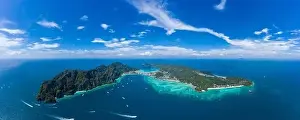 Phi Phi Island Prints: Top view of tropical island with limestone rocks and blue clear water