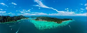 Phi Phi Island Prints: Top view of tropical island with limestone rocks and blue clear water