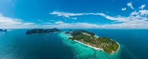 Phi Phi Island Prints: Top view of tropical island with limestone rocks and blue clear water