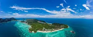 Phi Phi Island Prints: Top view of tropical island with limestone rocks and blue clear water