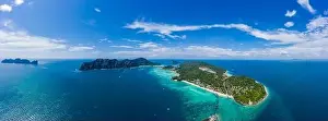 Phi Phi Island Prints: Top view of tropical island with limestone rocks and blue clear water