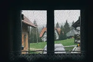 Grille Prints: View trough window on the mountain