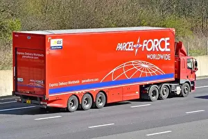 Parcel Prints: Side view of UK Royal Mail hgv lorry truck & red Parcel Force juggernaut trailer advertising worldwide express parcels