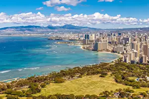 Honolulu Prints: View of Waikiki Beach and Honolulu Skyline from Diamond Head