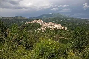 View of the white town of Rivello, Mediterranean mountain village in nature, Campania, Salerno Italy