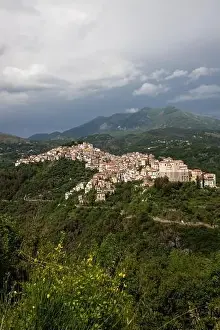 View of the white town of Rivello, Mediterranean mountain village in nature, Campania, Salerno Italy