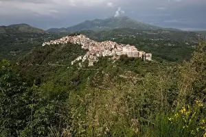 View of the white town of Rivello, Mediterranean mountain village in nature, Campania, Salerno Italy