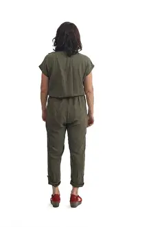 Overalls Prints: back view of woman dressed in jumpsuit on white background