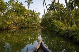 Kerala Prints: View from a wooden boat navigating a narrow