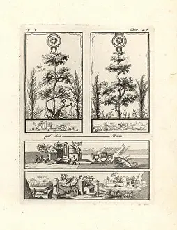 Crocodile Prints: Two vignettes at top showing trees surmounted by gold shields with the head of the Medusa