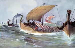 Ships Prints: Viking Ship, Ships, Fleet or Armada Crossing the Sea. Painting by Albert Sebille c1930