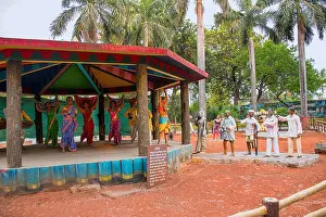 Folk Art Prints: Village dancers. Gram Sanskruti Udyan, Pashan, Pune, Maharashtra. Mock village