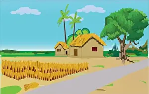 Forest Garden Prints: Village House, Cottage among trees Cartoon vector illustration