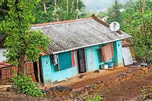 Doublespread Prints: Village house with TV dish, Purushwadi, Ahmednagar, Maharashtra, India, Asia