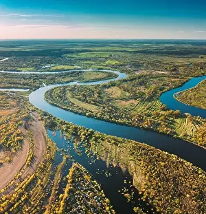 Inundation Prints: Village Near River, Aerial View Green Forest Woods And River Landscape In Sunny Spring Summer Day