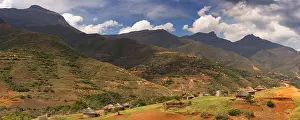 Lesotho Prints: A village with rondavels, traditional houses, in the mountains of Lesotho