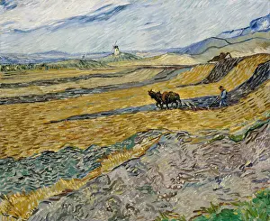 Post Impressionism Prints: Vincent van Gogh's Enclosed Field with Ploughman features a rural landscape with a ploughman working in the fields