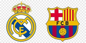 Liga Prints: Vinnytsia, Ukraine - May 19, 2021: Logos of two best spanish football clubs: FC Barcelona and Real Madrid