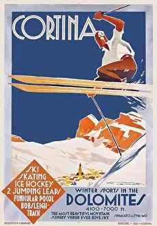 Flags Prints: Vintage 1930s Travel Poster - Cortina Dolomites - Winter Sport