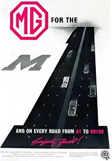 Advertisment Prints: A vintage advert for MG cars and the M1 motorway, from Motor Magazine, 1960