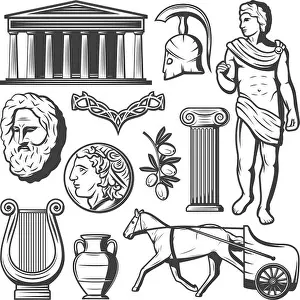 Parthenon Prints: Vintage ancient Greece elements set with greek helmet philosopher face parthenon olive branch column coin chariot vase