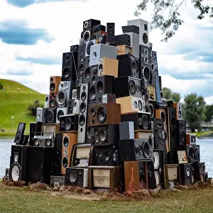 Analog Prints: Vintage audio speakers and retro radios stacked together