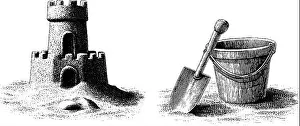 Spade Prints: Vintage beach fun with sandcastle and bucket engraving for creative design