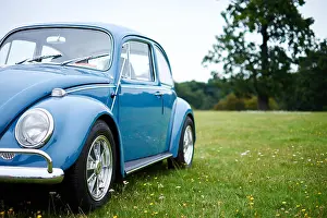 Flower Power Prints: Vintage blue Volkswagen VW Beetle car in a field of grass and flowers