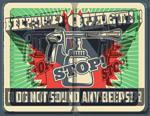 Alarm Prints: Vintage car horn poster with Keep Quiet and Do not Honk prohibition sign