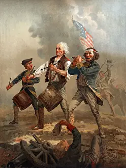 Vintage chromolithograph print circa 1876 of three American patriots leading troops into battle entitled Yankee Doodle